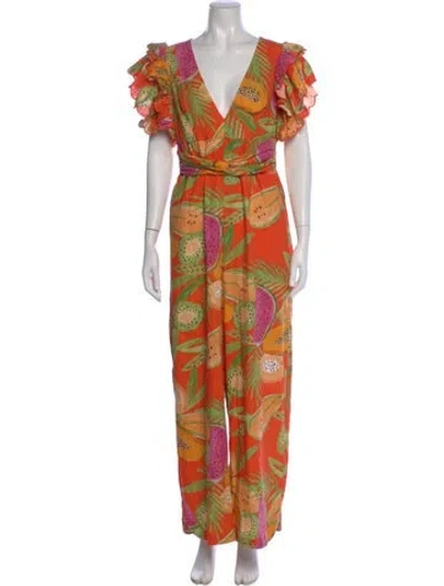 Pre-owned Farm Rio Linen Printed Jumpsuit In Yellow
