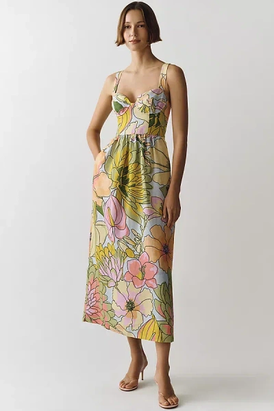Farm Rio Linen Printed Midi Dress In Multi
