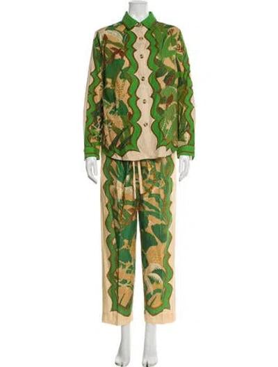 Pre-owned Farm Rio Linen Printed Pantsuit In Green