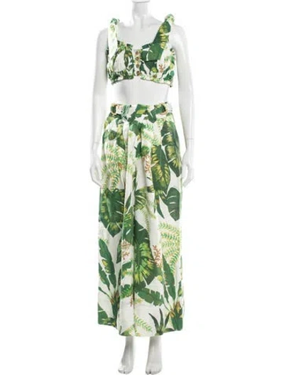 Pre-owned Farm Rio Linen Printed Pantsuit In Green