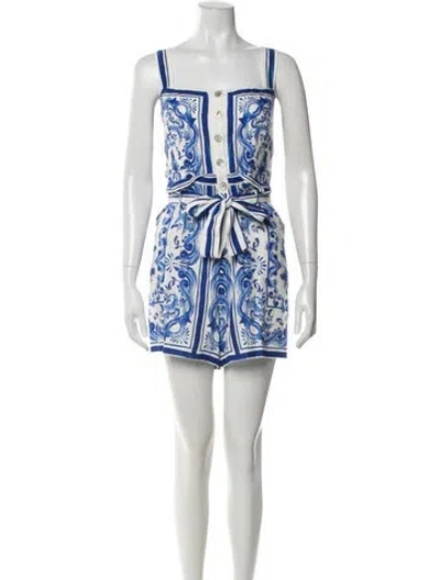Pre-owned Farm Rio Linen Printed Romper In Blue
