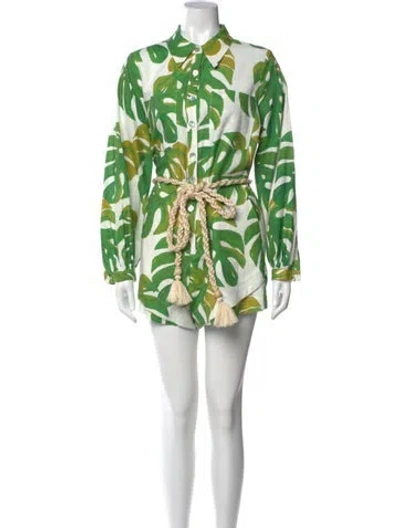 Pre-owned Farm Rio Linen Printed Romper In Green