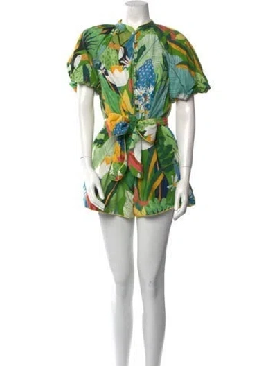 Pre-owned Farm Rio Linen Printed Romper In Green