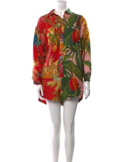 Pre-owned Farm Rio Linen Printed Romper In Green