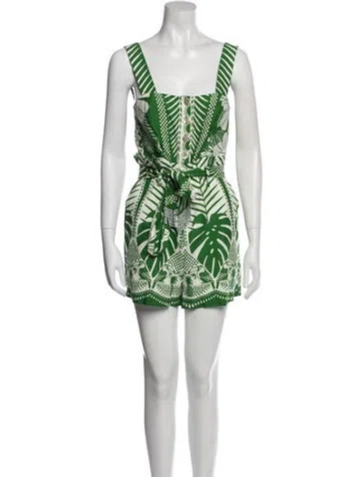 Pre-owned Farm Rio Linen Printed Romper In Green