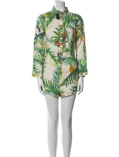 Pre-owned Farm Rio Linen Printed Romper In Green