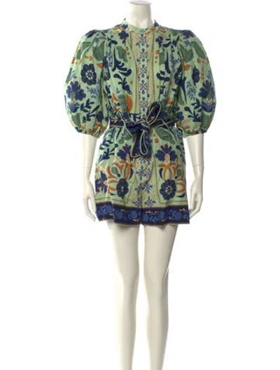 Pre-owned Farm Rio Linen Printed Romper In Green