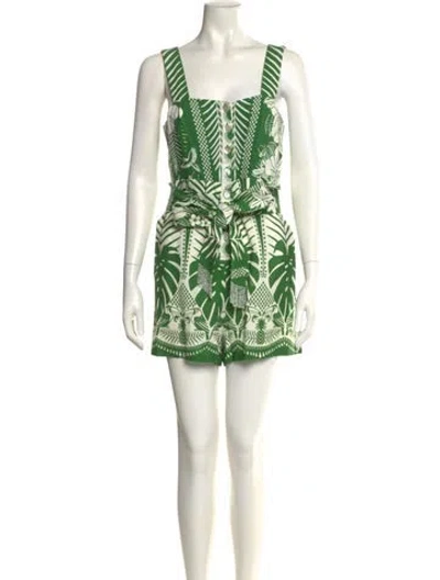 Pre-owned Farm Rio Linen Printed Romper In Green