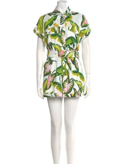 Pre-owned Farm Rio Linen Printed Romper In Green