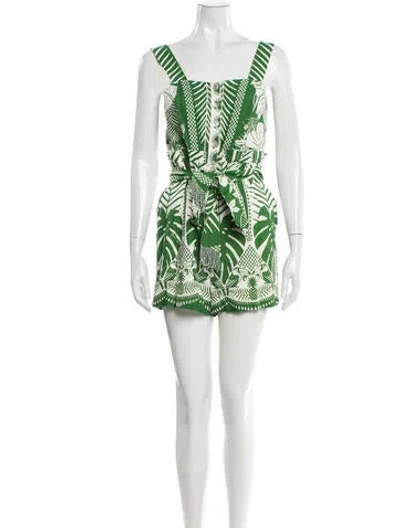 Pre-owned Farm Rio Linen Printed Romper In Green