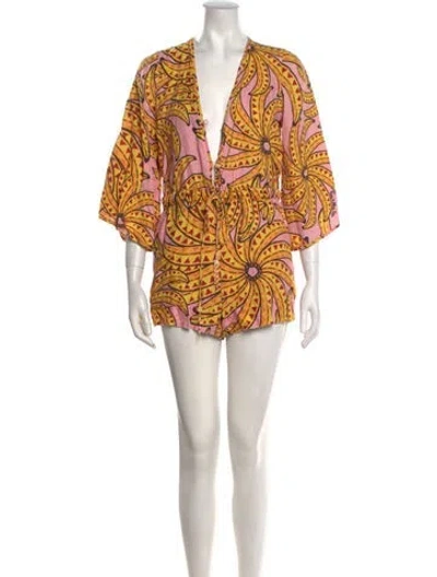 Pre-owned Farm Rio Linen Printed Romper In Pink