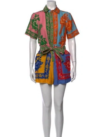 Pre-owned Farm Rio Linen Printed Romper W/ Tags In Blue/pink