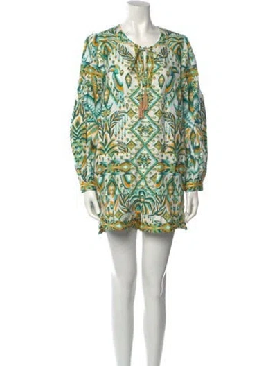 Pre-owned Farm Rio Linen Printed Romper W/ Tags In Green