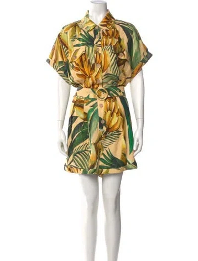 Pre-owned Farm Rio Linen Printed Romper W/ Tags In Green