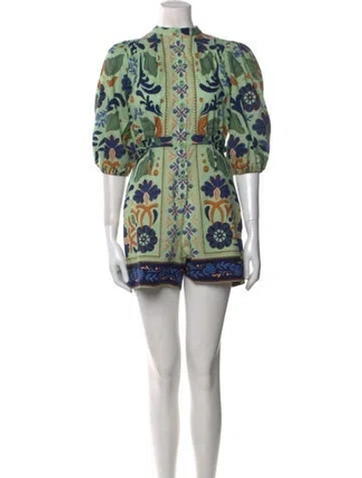 Pre-owned Farm Rio Linen Printed Romper W/ Tags In Green