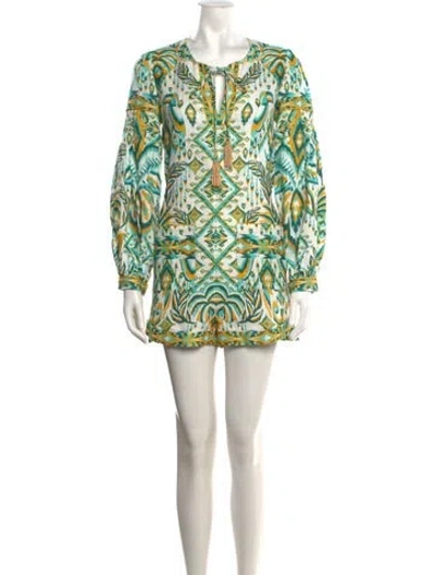 Pre-owned Farm Rio Linen Printed Romper W/ Tags In Green