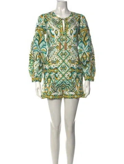 Pre-owned Farm Rio Linen Printed Romper W/ Tags In Green