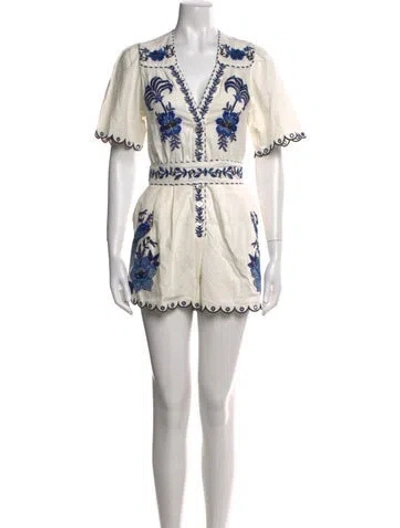 Pre-owned Farm Rio Linen Printed Romper W/ Tags In White