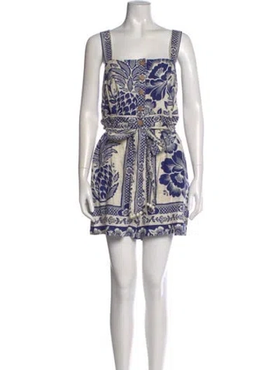 Pre-owned Farm Rio Linen Printed Romper W/ Tags In White