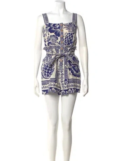 Pre-owned Farm Rio Linen Printed Romper In White