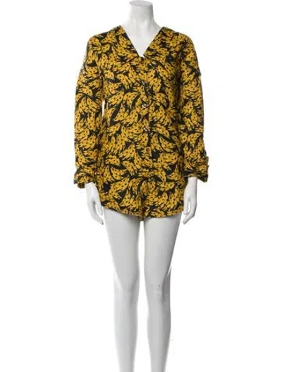 Pre-owned Farm Rio Linen Printed Romper In Yellow