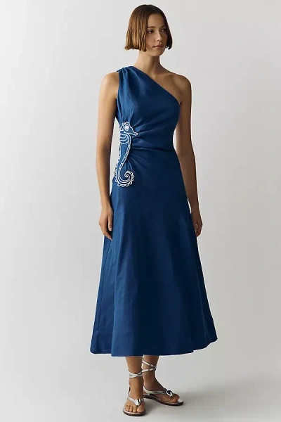 Farm Rio Embroidered Seahorse One-shoulder Linen Dress In Blue