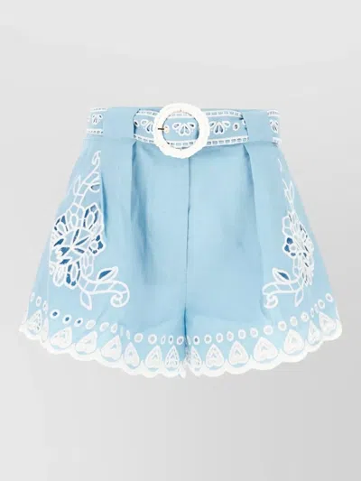 Farm Rio Linen Shorts Belted Waist Floral Pattern In Blue
