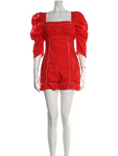 Pre-owned Farm Rio Linen Square Neckline Romper In Red