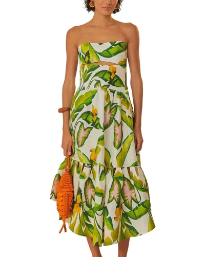 Farm Rio Linen Summer Foliage Off White Strapless Midi Dress In Green