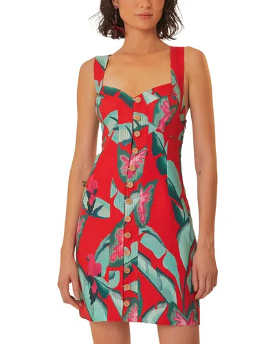 Farm Rio Linen Summer Foliage Red Mini Dress In Multi