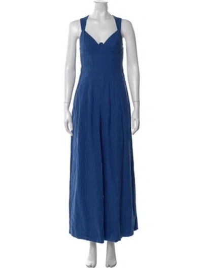 Pre-owned Farm Rio Linen V-neck Jumpsuit In Blue