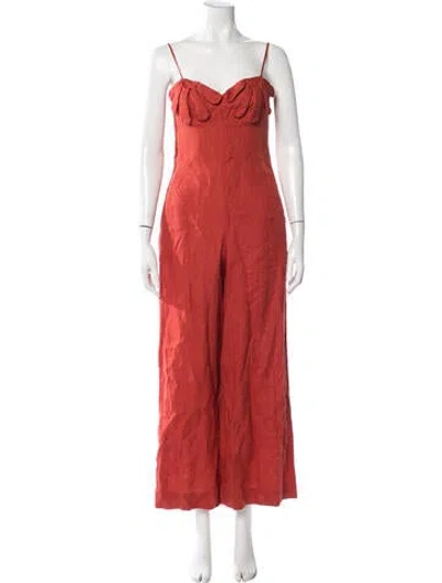 Pre-owned Farm Rio Linen V-neck Jumpsuit In Burgundy