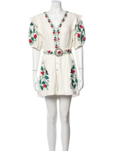 Pre-owned Farm Rio Linen V-neck Romper In White
