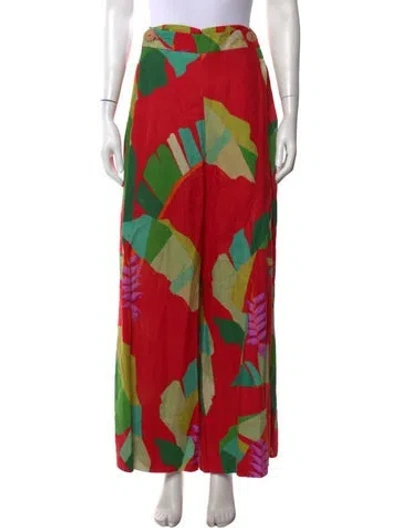 Pre-owned Farm Rio Linen Wide Leg Pants In Green/red