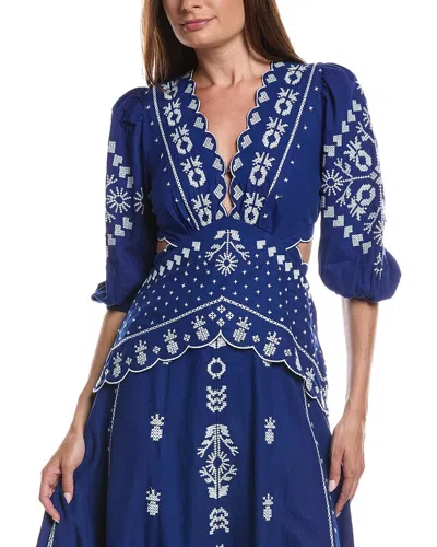 Farm Rio Linen-blend Navy Blue Embroidered Short Sleeve Shirt