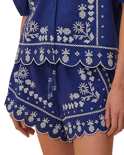Farm Rio Linen-blend Navy Blue Embroidered Shorts