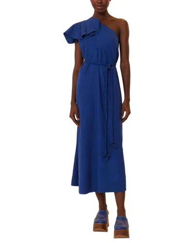 Farm Rio Linen-blend Navy One Shoulder Leaf Maxi Dress In Purple