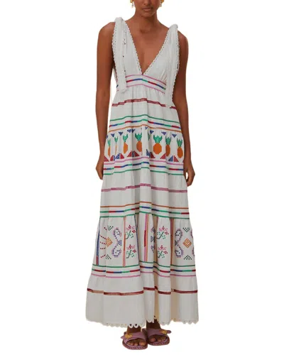 Farm Rio Linen-blend Off-white Embroidered Maxi Dress In Multi