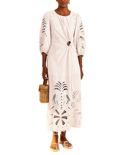 Farm Rio Linen-blend Richelieu Cut Out Midi Dress In White