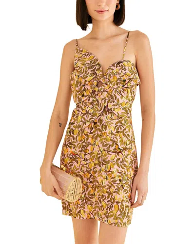 Farm Rio Linen-blend Star Fruit Light Pink Flower Mini Dress In Brown