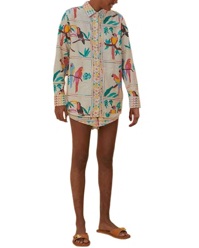 Farm Rio Linen-blend Stitched Birds Scarf Off-white Short In Multi