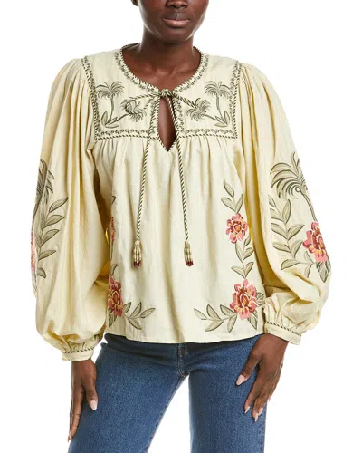 Farm Rio Linen-blend Tropical Flower Embroidered Sand Blouse In Yellow