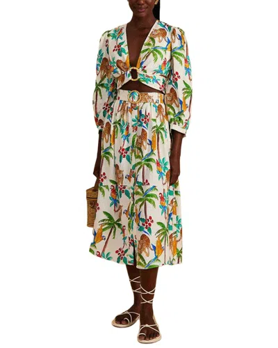 Farm Rio Linen-blend Tropical Paradise Midi Skirt In Yellow