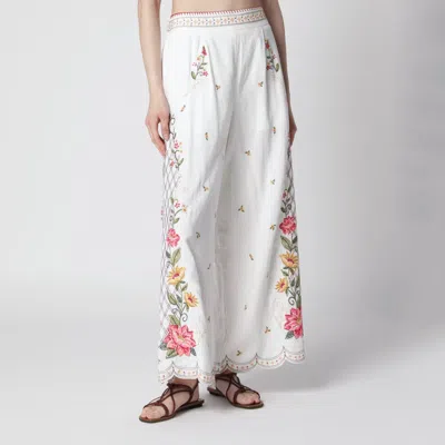 Farm Rio Linen-blend Trousers With Floral Embroidery In Multi