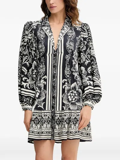Farm Rio Lisbon Floral Puff-sleeve Mini Dress In Black