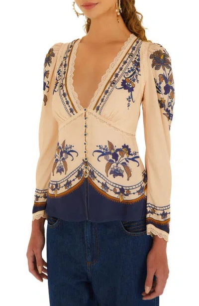 Farm Rio Liz Floral-print Lace-trimmed Crepe De Chine Blouse In Pink