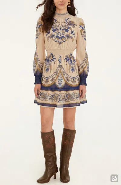 Farm Rio Liz Long Sleeve Minidress In Beige
