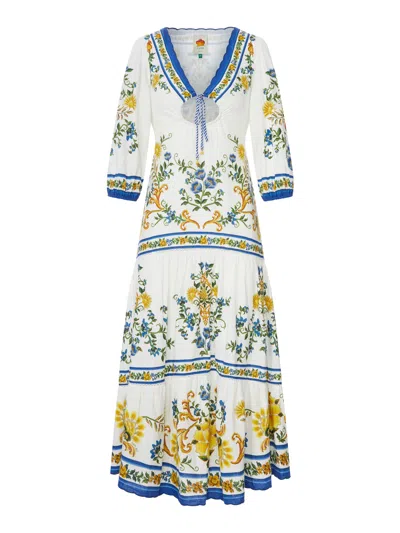 Farm Rio Long Dress With Floral Print And Three-quarter Sleeves In White