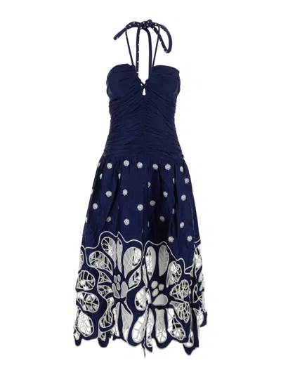 Farm Rio Long Halterneck Dress With Pearl Details And Richelieu Embroidery In Organic Cotton In Blue