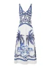 Farm Rio Fitted Linen Long Dress With Wonderful City Print And Striped Shoulder Straps In White